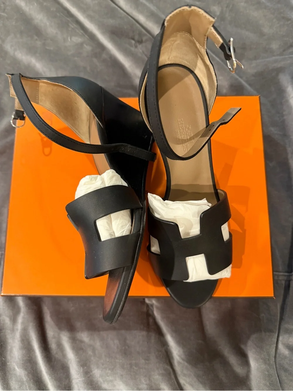 Hermes Legend Black Ankle-Strap Wedge Sandals